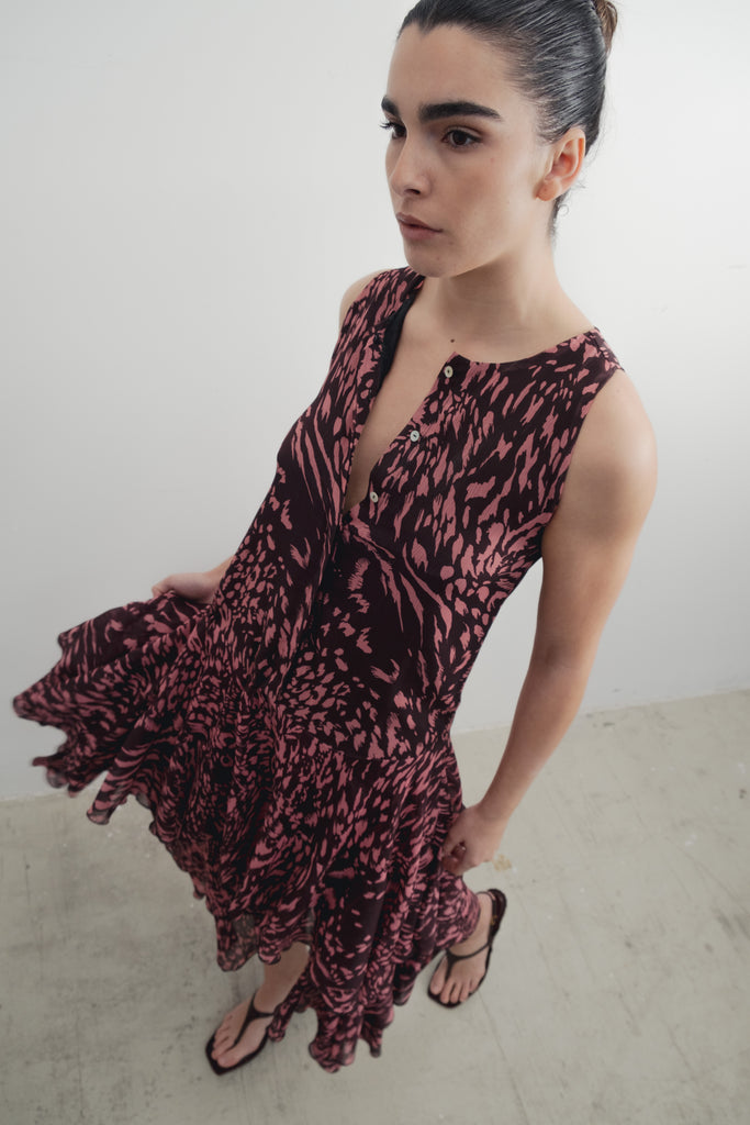 VESTIDO LONGO ESTAMPADO COM BABADOS