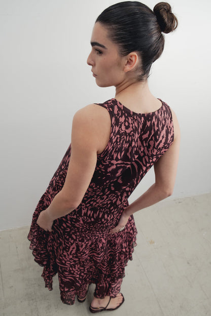 VESTIDO LONGO ESTAMPADO COM BABADOS