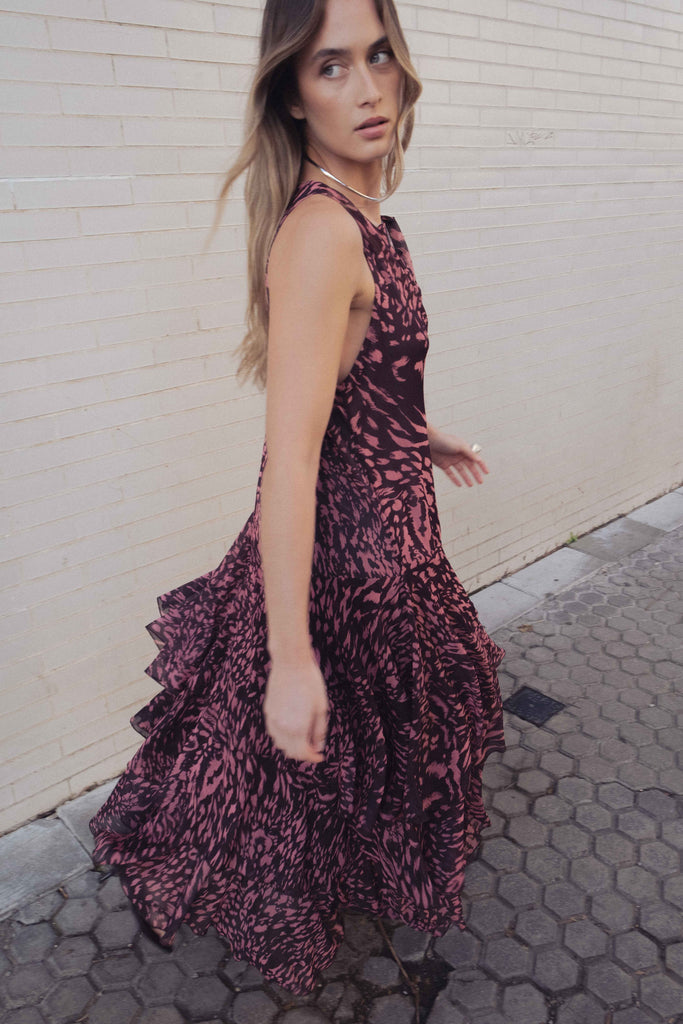 VESTIDO LONGO ESTAMPADO COM BABADOS