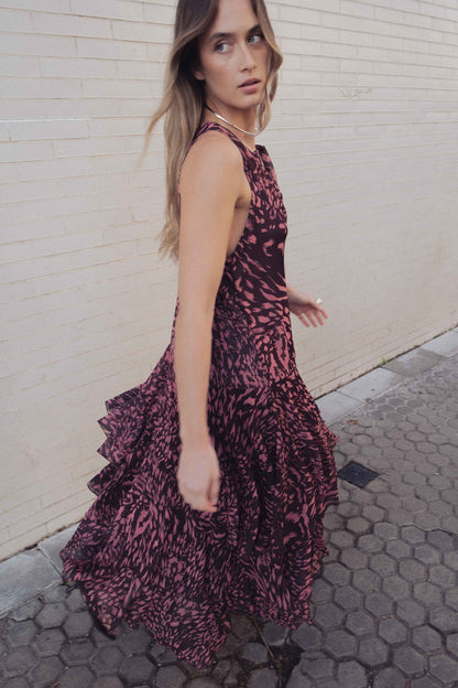 VESTIDO LONGO ESTAMPADO COM BABADOS