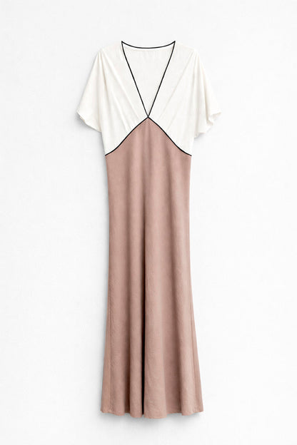 VESTIDO DE CETIM COM DETALHES EM CONTRASTE